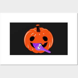 Halloween Worm on a string on pumpkin. Consciousness is an Illusion It's Worm Time Babey! Posters and Art